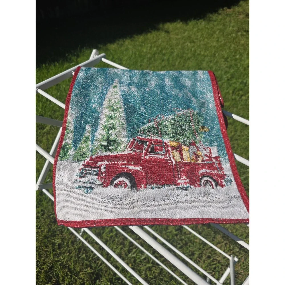Christmas Red Truck Woven Tapestry Table Runner Teal Snow Scene Holiday Decor